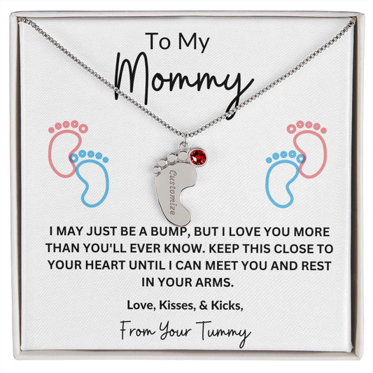 Engraved Pink & Blue Baby Feet with Birthstone Necklace for Mom
