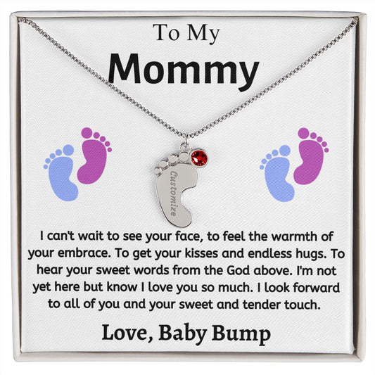 Engraved Blue & Pink Baby Feet with Birthstone Necklace for Mom